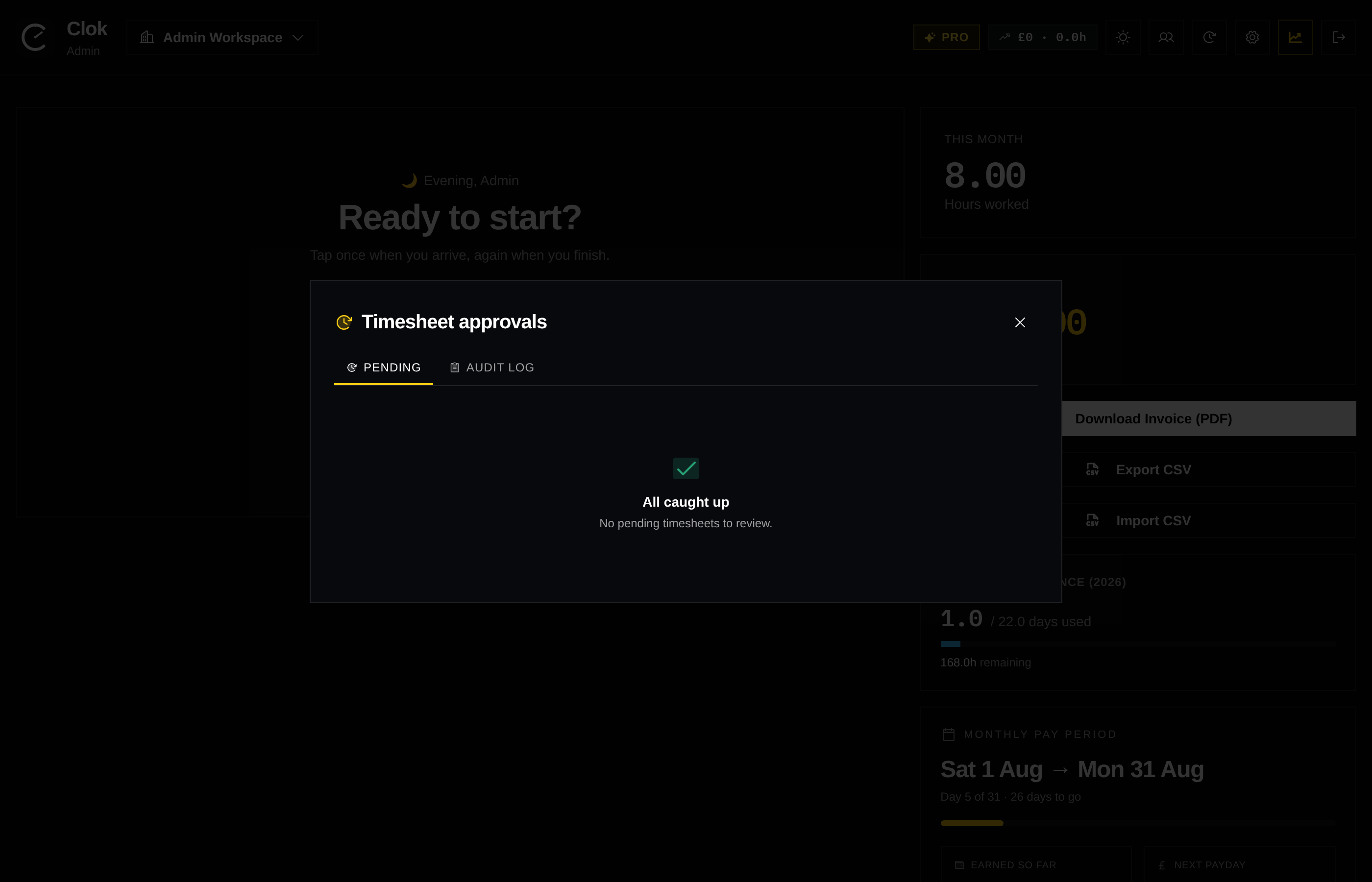 Clok approvals queue with pending shift submissions