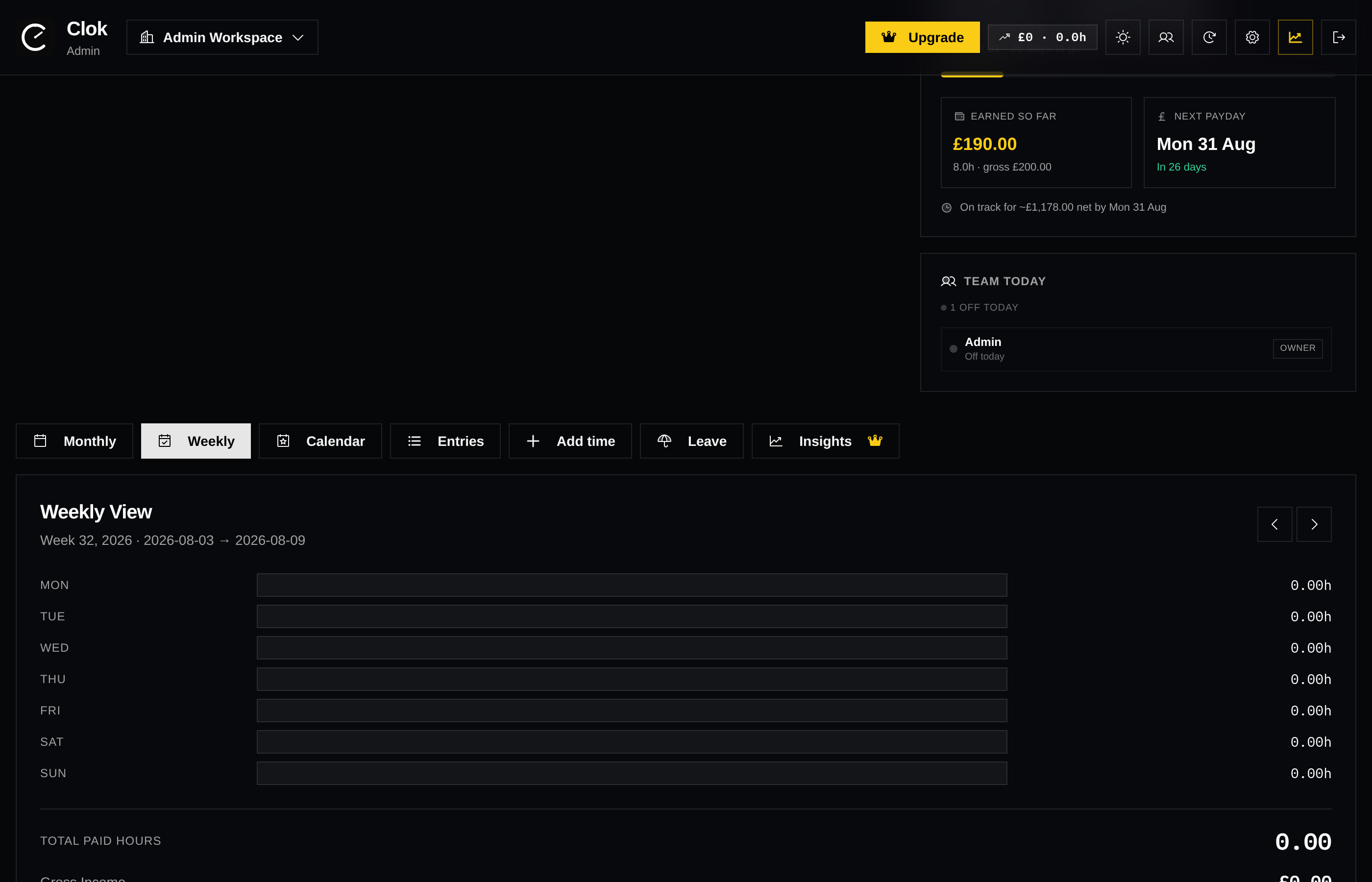 Clok team timesheet showing each worker's hours, breaks and status