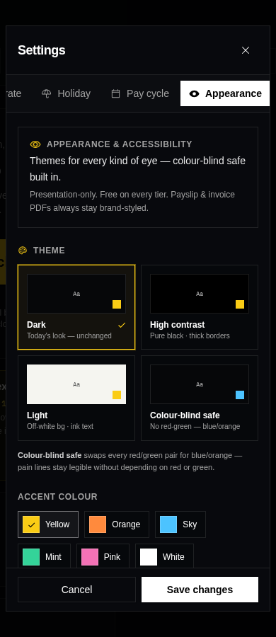 Clok settings screen showing four theme presets — Dark, High contrast, Light and Colour-blind safe — six accent colour chips and three text sizes.