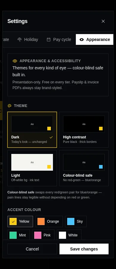 Clok settings screen showing four theme presets — Dark, High contrast, Light and Colour-blind safe — six accent colour chips and three text sizes.