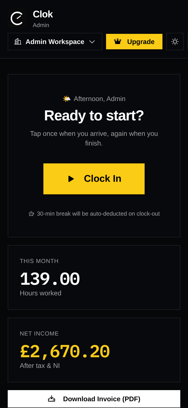 Clok app clock-in screen with large yellow Clock in button, monthly hours worked, and net income after tax and NI